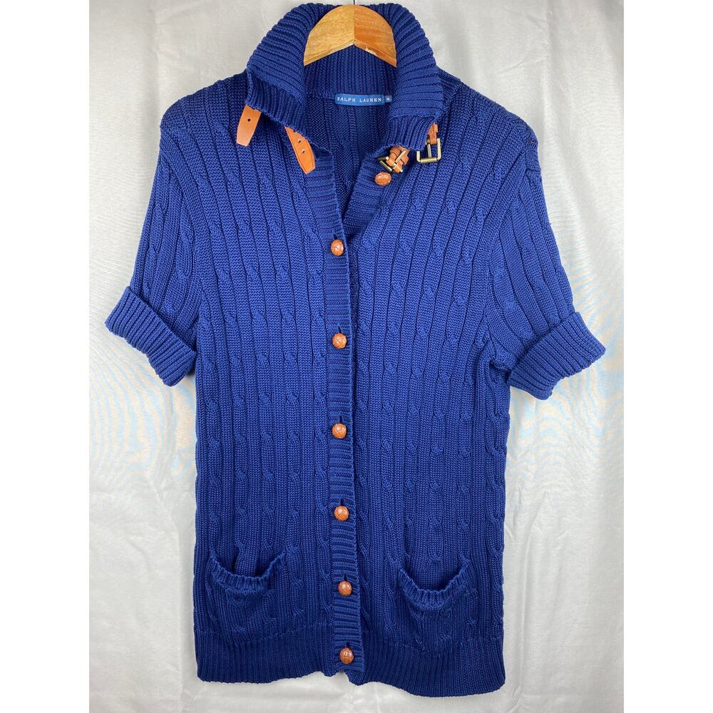 Vintage Ralph Lauren Navy Cable Knit Short Sleeve Cardigan Womens sz XL Sweater